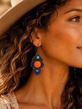 Boho Sterling Silver 925 Coral Turquoise Drop Dangle Earrings Handmade Southwest